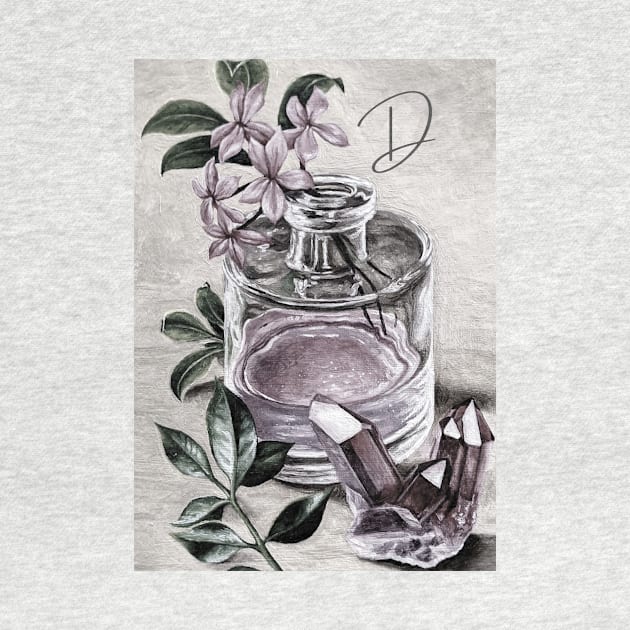 'D' vintage print perfume & rose quartz - personalized by LukjanovArt